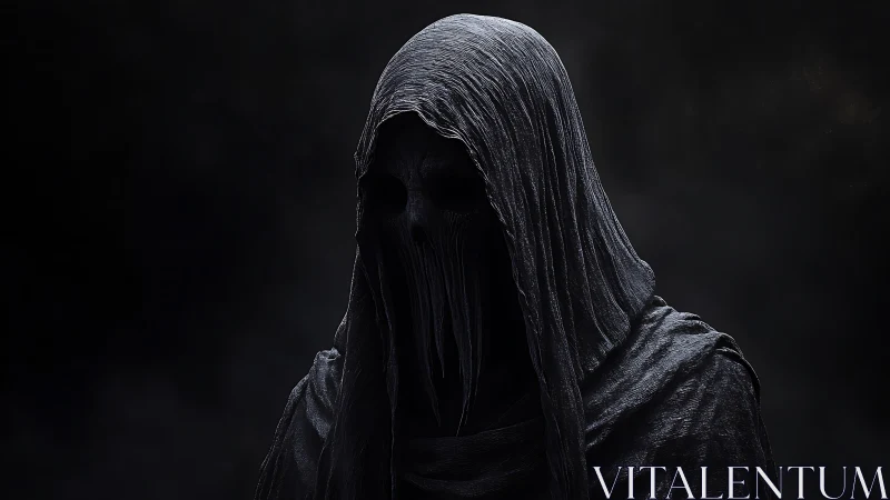 Hooded robed figure with obscured skeletal face in darkness