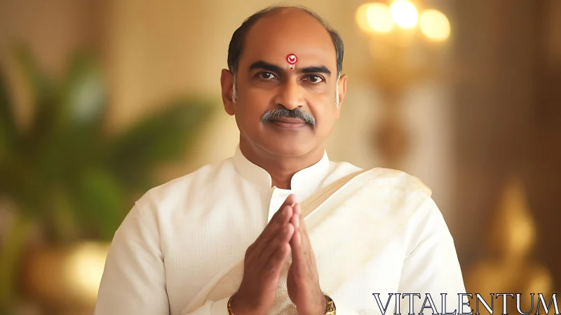 Middle‑aged Indian man in traditional attire with namaste pose.