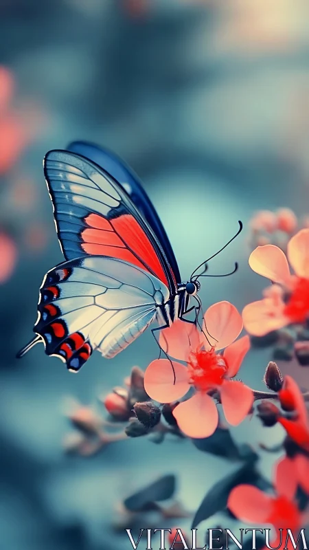 Digital painting of butterfly on coral blooms with bokeh field.