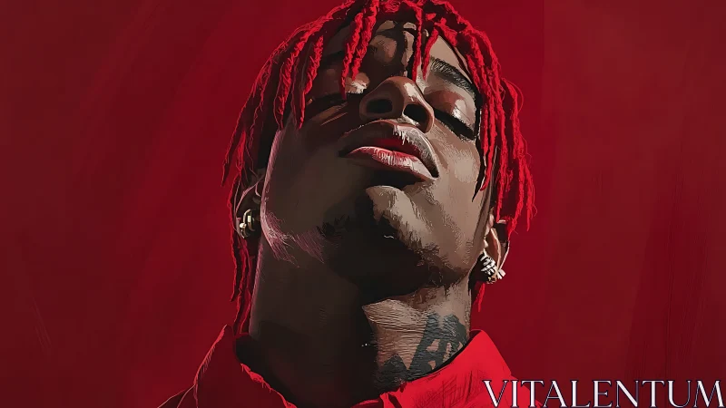 Digital portrait of red‑haired subject in assertive low‑angle pose