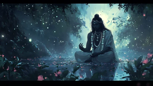 Moonlit yogi drifts in jeweled forest pond of quiet wonders.