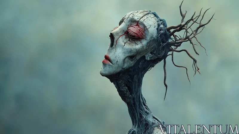 Surreal bark-skinned figure with bleeding branch crown