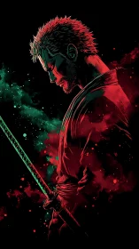 Solitary swordsman stands in calm focus amid vivid smoke