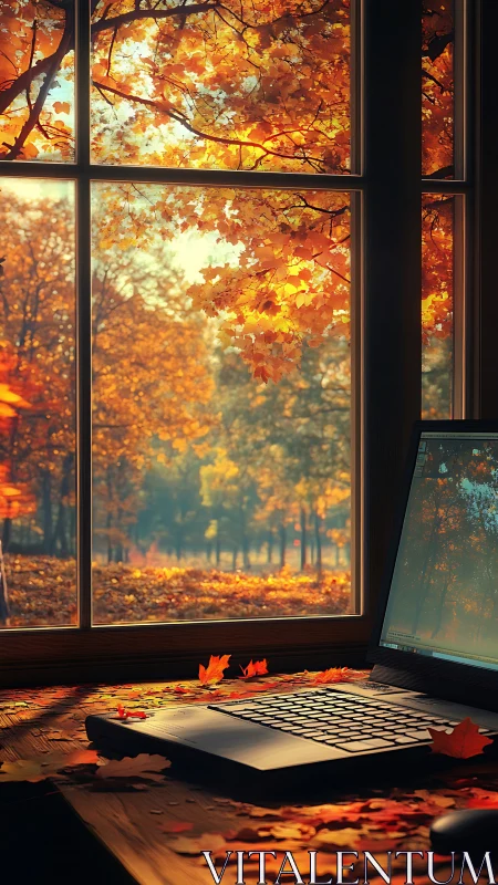 Laptop on wooden desk faces bright autumn trees through window
