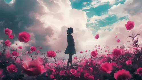 Solitary girl contemplates a dreamlike rose-filled horizon.