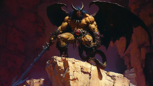 Winged demon warlord poised on jagged canyon ledge.