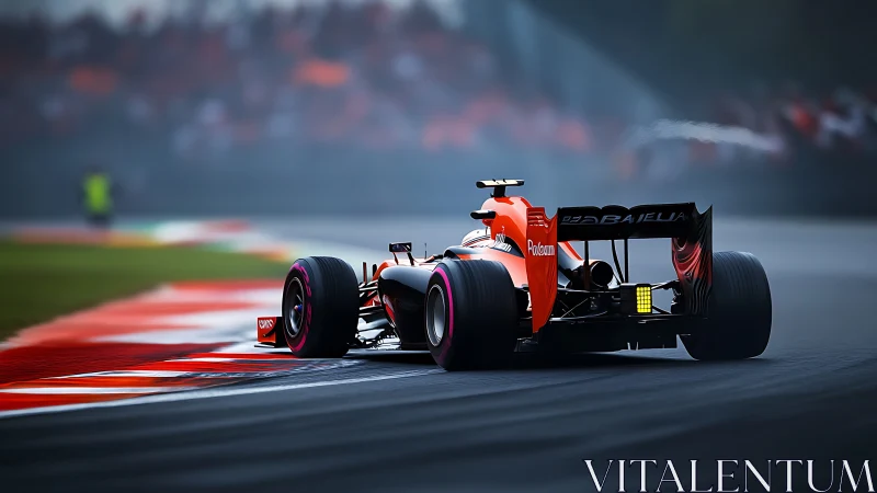 Red Formula race car powers through wet circuit corner.