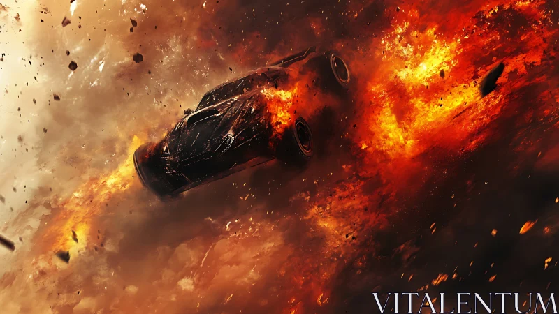 Armored racing car spirals through cinematic explosive firestorm