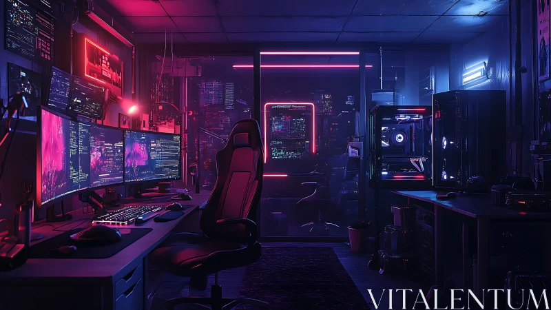 Neon-lit hacker studio overlooking a futuristic city skyline.