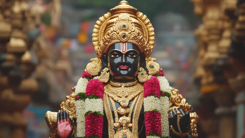 Ornate black stone deity statue adorned with gold and florals