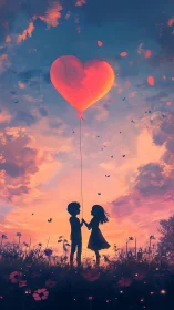 Luminous Heart-Shaped Balloon Above Silhouetted Figures in Sunset Field