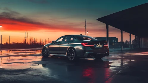 Matte grey performance sedan at wet lot under vivid sunset sky
