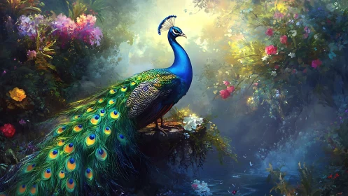 Iridescent peacock on mossy ledge in luminous floral glade