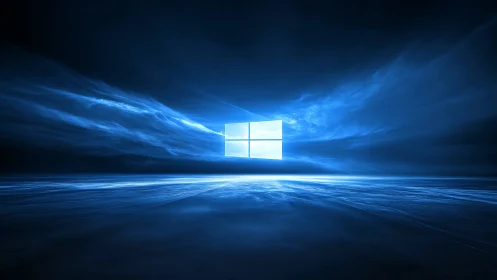 Digital horizon with luminous window icon in blue void.