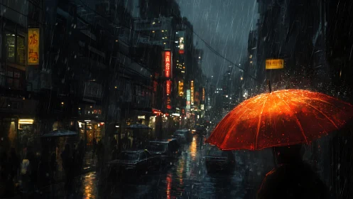 Bright red umbrella brings warmth to a rainy neon city street