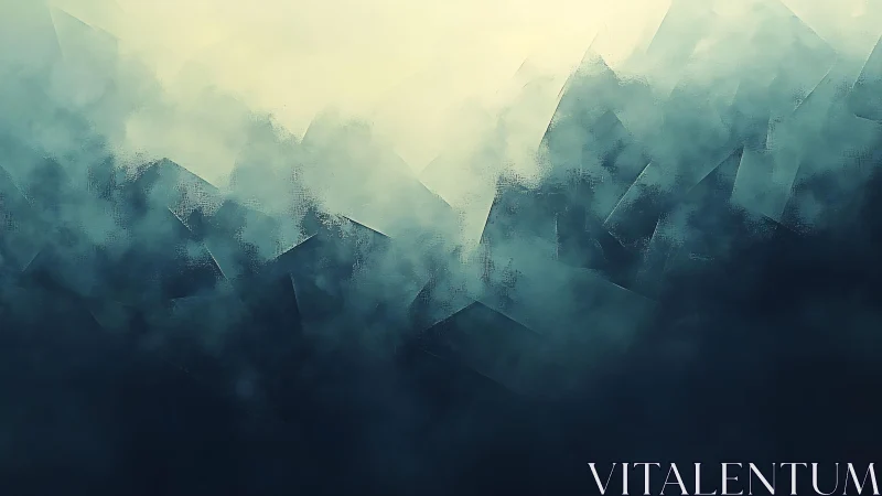 Abstract misty mountains digital painting in cool blue tones.