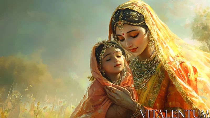 Mother holding child in ornate traditional Indian dress