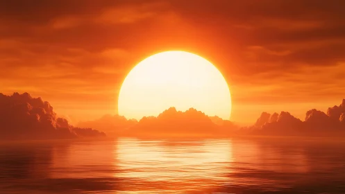 Colossal ember sun melts into clouds above molten sea