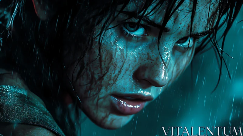 Rain-soaked warrior’s cinematic close-up captures feral resolve