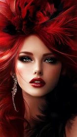 Red feathered portrait of woman with vivid green eyes.