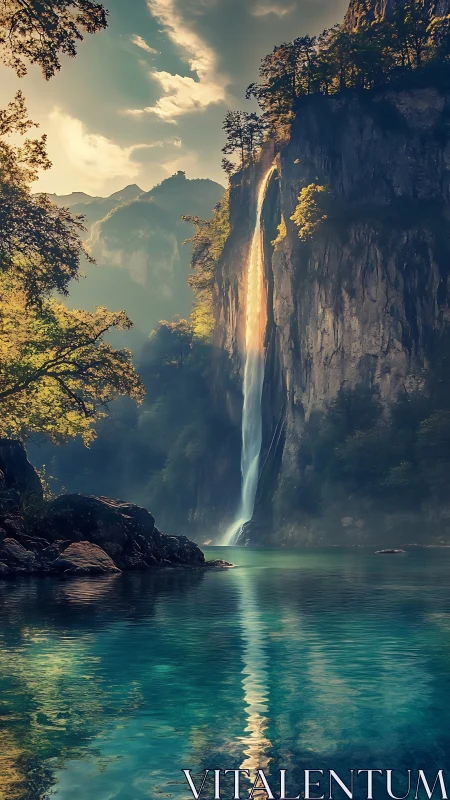 Vertical composition shows tall waterfall descending into lake