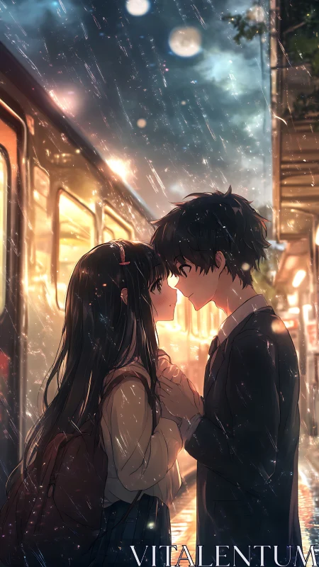 Teen couple holds hands in rain by glowing station train.