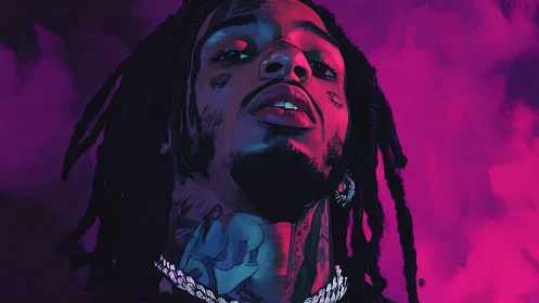 Low angle neon portrait of tattooed rapper in magenta haze