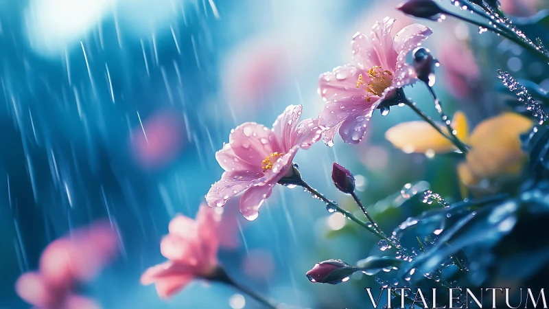 Rain-Kissed Pink Blooms Dance in Storm Light.