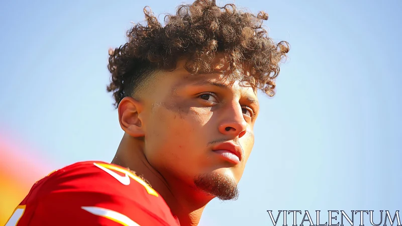 Focused football player gazes upward under bright stadium sky