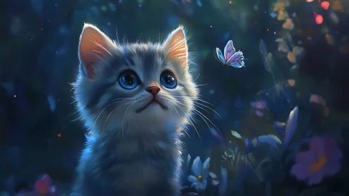 White Cat with Blue Eyes Watches Butterfly in Magical Garden.