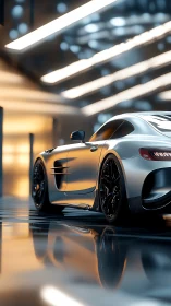 Silver sports coupe in reflective illuminated showroom environment.