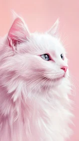 White and Pink Feline Portrait Against Pastel Backdrop.