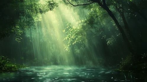 Volumetric light shafts penetrate dense rainforest over still water