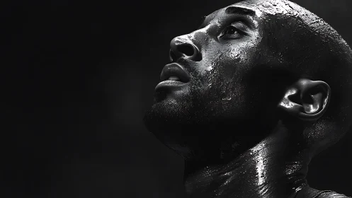 Glistening black and white portrait of an athlete in focus.