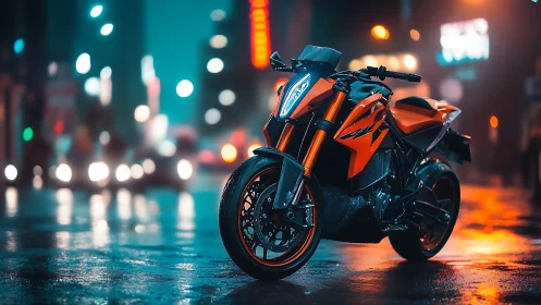 Orange sport motorcycle on wet city street at night.