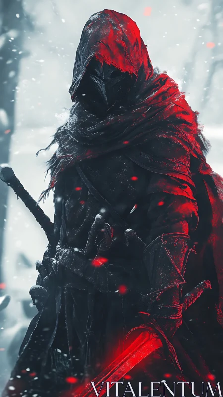 Hooded armored figure holds glowing red sword in snow