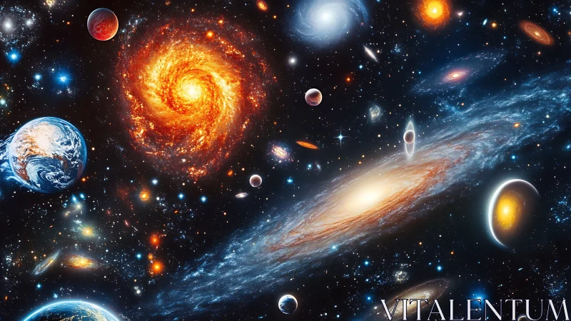 Glowing spiral galaxies and cozy planets in a vibrant cosmos.