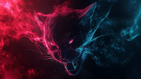 Neon spectral panther head rendered in dual chromatic flames