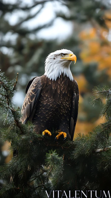 Bald eagle perched on evergreen branch in soft autumn light.