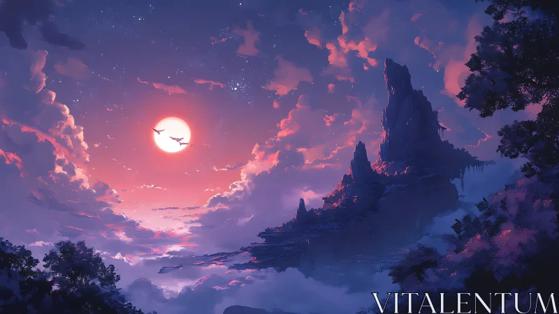 Fantasy cliff landscape under glowing pink sunset sky.