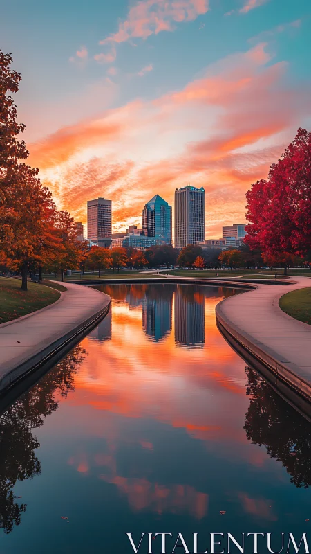 City skyline reflected in canal at vivid autumn sunset.