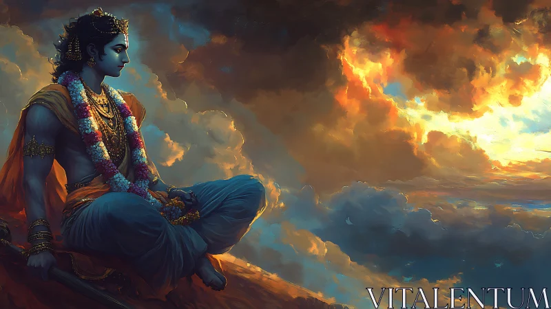 Divine warrior gazes into a radiant, storm-lit horizon.