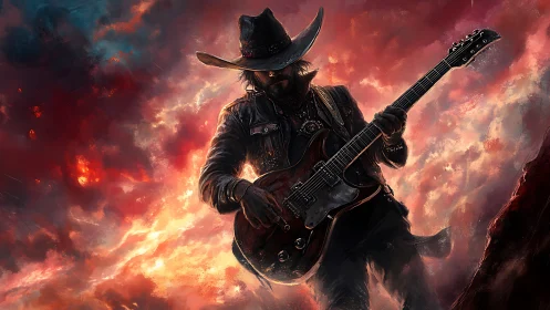 Cowboy guitarist in incendiary atmospheric digital tableau.