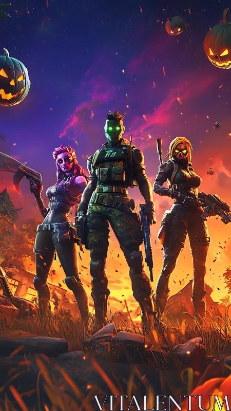 Neon tactical trio in fiery Halloween battlefield environment