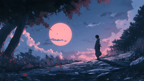 Samurai silhouette under pink moon on twilight path.
