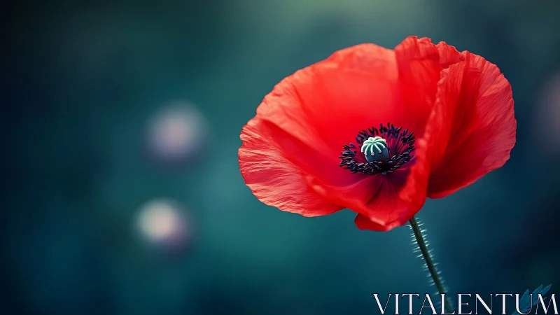 Red poppy flower photographed against teal blurred background