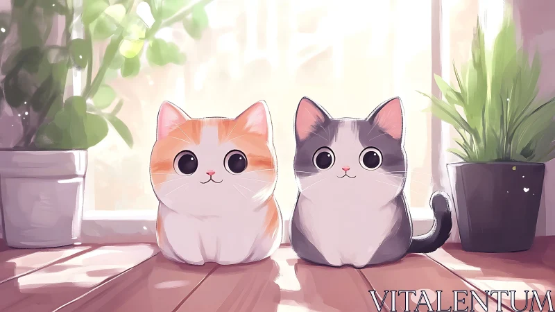 Two Adorable Cats on a Sunlit Windowsill Among Plants