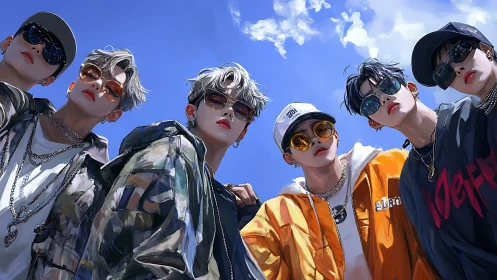 Six stylized youths pose in streetwear under clear blue sky