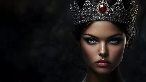 Dark crowned portrait of regal woman with jeweled tiara