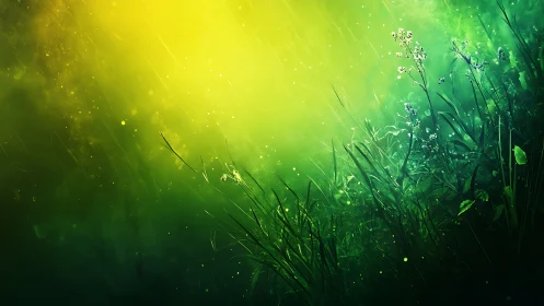 Wild meadow leans into a glowing storm of emerald light